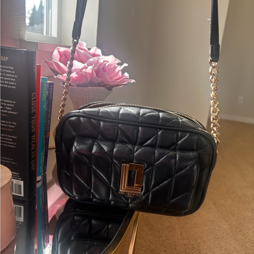 Karl Lagerfeld Black Quilted Crossbody with Gold Chain Detail